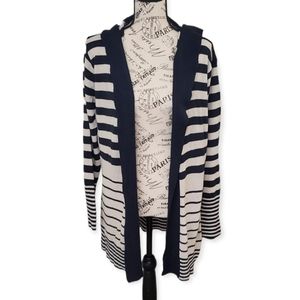 Women's size XL navy blue and tan striped cardigan with hood